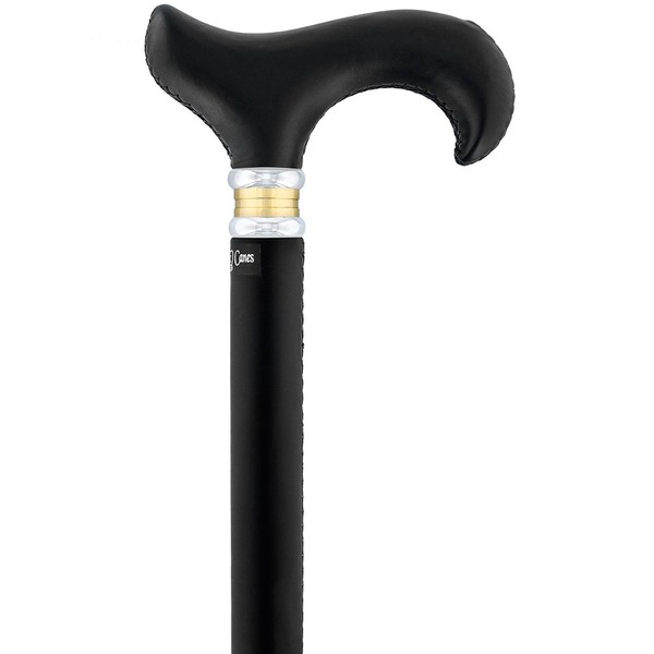 Black Leather Wrapped Derby Walking Cane with Leather Shaft and Two Tone Collar