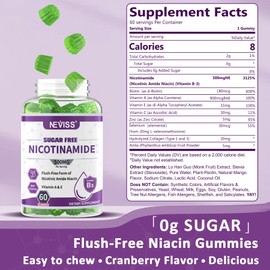 Nicotinamide 500mg Gummies, (Flush Free Niacin) Vitamin B3 Niacinamide Supplement for Cell Regeneration, NAD+ Levels, Anti-Aging, Cellular Energy, Focus & DNA Repair, Longevity, Sugar Free, 60Cts