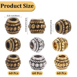 PONABEADIY 1 Box 180PCS Antique Golden Silver Tibetan Beads Alloy Rondelle Barrel Vintage Opaque Loose Spacer Charm Bead Bulk for Jewelry Making Earrings Bracelets Necklaces Decor DIY Craft Supplies