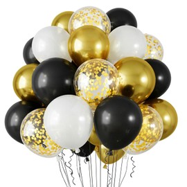 80Pcs Black Gold Confetti Balloons, 12 Inch Gold White and Black Confetti Balloons with Ribbons for Graduation Birthday Wedding Engagement Anniversary Festiva Party Decorations