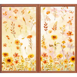 Whaline Fall Sunflower Window Clings Fall Floral Watercolor Sunflower Wildflower Reusable Window Decals for Autumn Harvest Home School Office Party Supplies Gifts