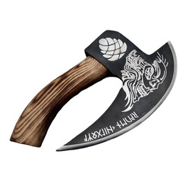 Chigoza Handmade Carbon Steel Pizza Cutter | Viking-Inspired Pizza Slicer with Ash Wood Handle & Leather Wrapping | Norse Rune Design | Durable Blade & Leather Sheath (Charcoal Etched)