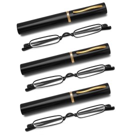Owtxis 3 Pack Mini Slim Pen Reading Glasses - Compact Readers with Pen Clip Case Spr