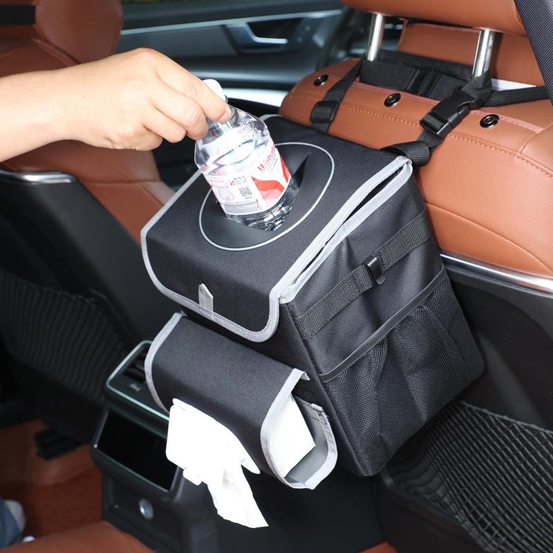 upra Car Trash Can with Lid Leakproof,Bag Hanging Storage Pockets,Adjustable