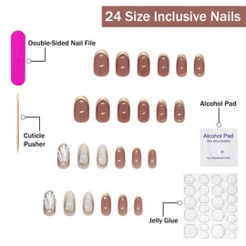 Gold French Tip Press on Nails Short Almond SWEKKE 3D Gold Swirl Fake Nails False Nails with Shell Designs Pearls Full Cover Glossy Glue on Nails French Manicure Acrylic Nails for Women Girls 24Pcs