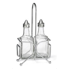 Tablecraft Glass 6 Oz Oil/Vinegar Cruet Set with S/S Tops and Rack