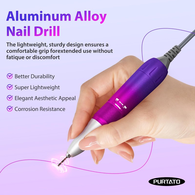 PURTATO Professional Nail Drill 40,000 RPM, Rechargeable,LCD Display E File