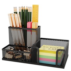 UVGVA Mesh Pen Holder for Desk 3 Compartment Desk Organizer for Pens Pencils Sticky Notes Office Accessories