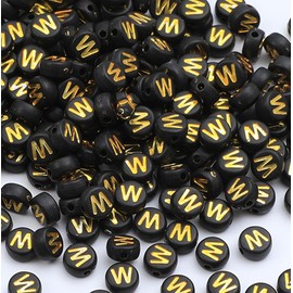 XIENBAOFU 100PCS Letter Beads,4X7mm Acrylic Alphabet Beads,Gold Black Letter W Beads Flat Round Alphabet Beads for Jewelry Making Bracelet Necklace Keychain DIY, SKU3023-W