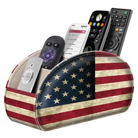 Fintie Remote Control Holder, 5 Compartments Vegan Leather TV Remoter Caddy Desktop Organizer Makeup Brush Holder Storage Fits TV Remotes, Media Controllers, Office Supplies(US Flag)