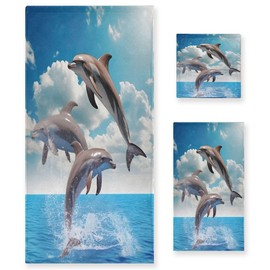 Nander - Juego de Toallas de algodón Suave de 3 Piezas, ecológicas, 1 Toalla de baño, 1 Toalla de Mano, 1 paño de Lavado, Delfines de Salto Azul océano