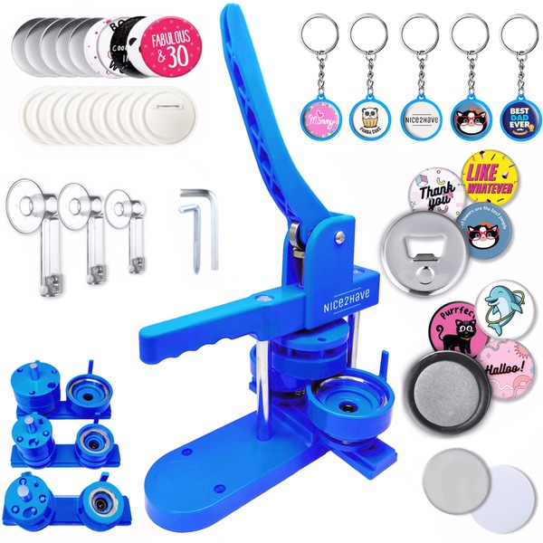 Nice2Have Button Maker Machine Multiple Sizes 1-1.25-2.25in (500 Buttons,15 Bottle Openers,15 Fridge Magnets,15 Keychain Buttons, 500+ Free Designs,3 Circle Cutters) - Pin Maker Machine