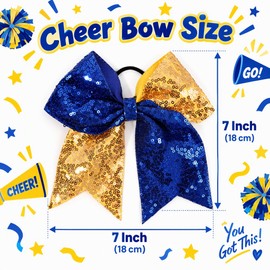 Glitter Cheer Bows for Cheerleader Gold and Blue Large Ponytail Holder