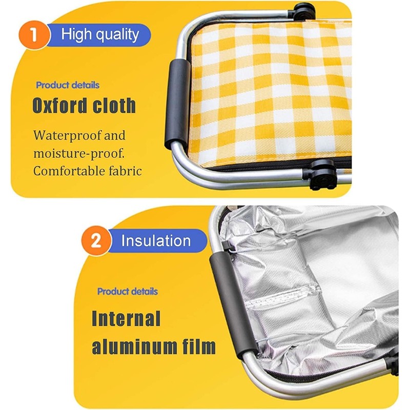 Insulated Cooler Bag-Folding Picnic Basket with Handle，Waterproof Lining - Collapsible