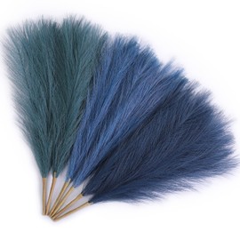 Serwalin Faux Pampas Grass 17.7 Inch 6pcs, Artificial Pampas Grass Blue Living Room Bedroom Small Vase Filler, Short Pompass Grass Branches Boho Fluffy Feather Wedding Centerpieces Arch Decor