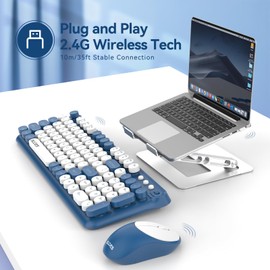 Wireless Keyboard and Mouse Combo,Retro Typewrite Keyboard and Mouse with Round Keypads,Hand-Friendly Keyboard and Mouse Wireless for Windows Laptop PC,Home Office Keyboard, White Blue