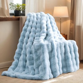 H&D Faux Fur Throw Blanket for Couch,Fluffy Cozy Soft Plush Luxury Thick Fuzzy Fleece Blanket for Couch Bed Sofa Bedroom Living Room,Comfy Bubble Blanket (LIGHTBLUE, Queen (80"x90"))