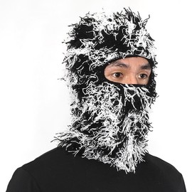 AMLANG Distressed Balaclava Ski Mask for Men and Women - Knitted Balaclava Distressed Windproof Shiesty Full Face Mask Cold Weather knit hat Winter Knitted - Color: Black&White