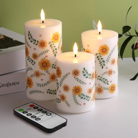 Girimax Sunflower Flameless Pillar Candles with Remote, Real Wax Battery Operated LED Candles Set of 3