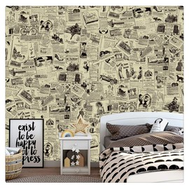 Dwind 1206 Vintage Peel and Stick Newspaper Wallpaper Beige Removable Self Sadhesive Wallpaper Textured For Bathroom Bedroom Livingroom Decor 17.7" x 9.8ft