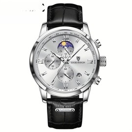Men's Watch with Leather Strap, Outdoor Sports Waterproof Watches, Chronograph Luminous Calendar Quartzwatches, Suitable as a Christmas gift. - Color: Silvery+black