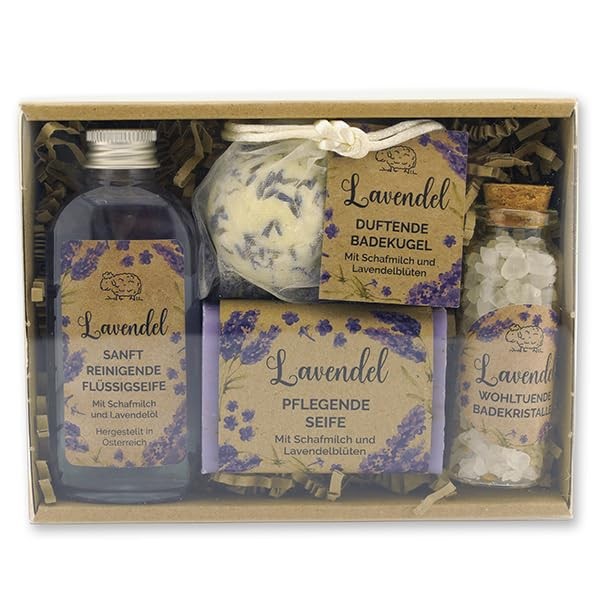 Geschenkset Pflegeset Lavendel mit 100g Schafmilchseife, 75ml Flüssigseife, 40g Badesalz