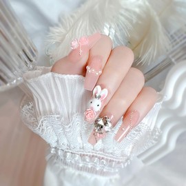 3D Rabbit Nail Tips, Set of 24, Removable, Reusable Long Design, Cute for Parties, Dating, Everyday Use, Easy Installation, Pink Rabbit Motif, Nail Tips