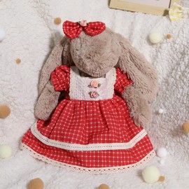 31cm(12") Bashful Bunny Clothes, Cute Plush Animal Clothes for Meddium Teddy Bear - Red Grid Bubble Sleeve Dress & Bow Clip Set (Clothes Only)