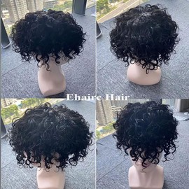 Ehairc Toupee for Men Mono Lace with PU Around Kinky Curly Human Hair System Mens Wig Male Hair Replacement Mens Toupee (20mm 1B（Natural Black）,5 * 7")