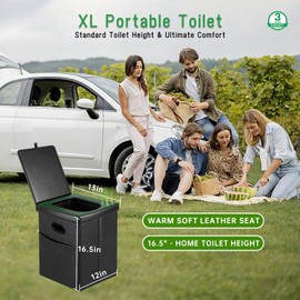 Panmout 16.5" XL Portable Toilet for Camping, Foldable Travel Toilet for Adults with Cushioned Seat, Heavy Duty 190lbs Capacity Commode for Car, Road Trip, Outdoor Emergency & Bedside Support