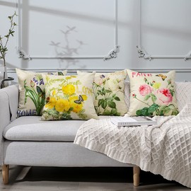 Ohok Set of 4 Outdoor Waterproof Cushion Covers, 45 x 45 cm, Polyester, Decorative Cushion Covers, Weatherproof Decorative Cushion Cover for Garden, Sofa, Couch, Living Room, Bedroom (Flowers