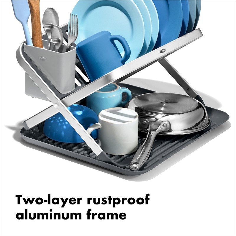 OXO Good Grips Aluminum Fold Flat Dish Drying Rack, 2-Tier,
