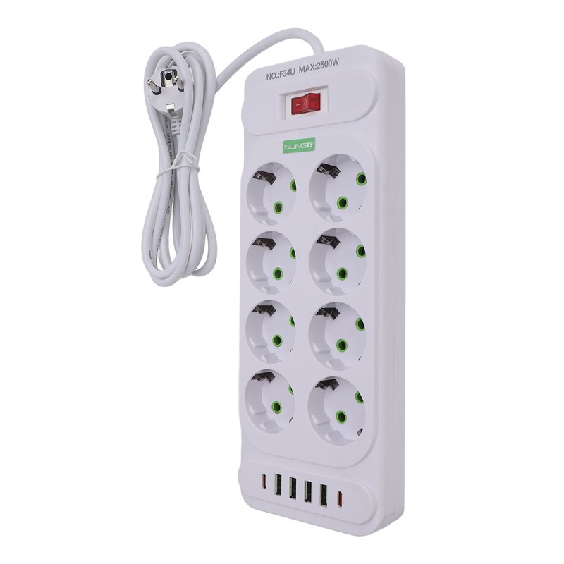 8 Way Power Strip USB C European Socket Desk Wall