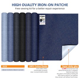 Extra Large Iron-on Patches for Jeans, Use Denim Iron-On Patches Inside and Out, 100% Cotton, Repair Denim Rips Holes & Decorating Kit (8.9"x40",Indigo Blue)