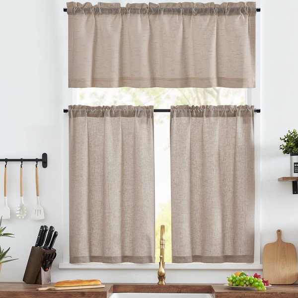 jinchan Kitchen Curtains and Valances Set 3 Pieces Linen Tiers and Valance 24 Inch Cafe Curtains with Valance Rod Pocket Farmhouse Curtain Set Rustic Country for Laundry Room Bathroom RV Taupe