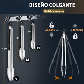 U Chef Juego de 3 Pinzas de Cocina, Pinzas para Asador de Acero Inoxidable, Resistentes a 600 °C, con Bloqueo Metálico, Utensilios de Cocina para Ensaladas (18, 23 y 30 cm)