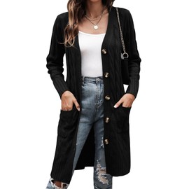 Aottori Women's Long Elegant Cardigan Chunky Knit Long Sleeve Knitted Cardigan Open Front Pullover Knitted with Buttons and Pockets for Autumn Winter, black