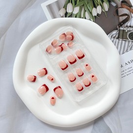 24 Pcs Valentine's Day Fake Nails French Tip Press on Nails Heart Acrylic Nails Short Square Full Cover False Nails with Designs Red Extra Short Glue on Nails Glossy Artificial Nails for Womne Girls