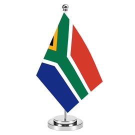 South Africa Miniature Desk Flag Set,8x5 Inch South African Small Flag With 12 Inch Bright Silver Flagpole, Deluxe Decorations For House Office Meeting Table