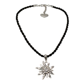 Alpenflüstern drawstring necklace, rhinestone edelweiss, ladies' costume jewellery, dirndl necklace in traditional colours, DHK100, Base Metal