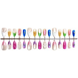 Handmade Press on Nails Medium Almond Fake Nails with Colorful French Tip Design Pink Flower False Nails Yellow Floral Ocean Glue on Nails Glossy Ombre Purple Nails for Women Girls Manicure 30Pcs