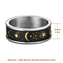 HZMAN 8mm Moon Star Sun Statement Ring Stainless Steel Boho Jewelry for Women Men (Silver Gold, 8)