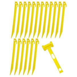 18x Heavy Duty Extra Long 13-3/4" Plastic Tent Awning Pegs, Tent Stakes, Sand Stakes with 1x Hammer for Beach Camping Caravan