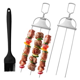 3 Way Grilling Skewers, 3-Prong Kebab Skewers Kit, 2Pcs Stainless Steel Kebab Sticks with Brush, Kabob Forks with Push Bar Slider for Meat, Chicken, Sausages, Veggies