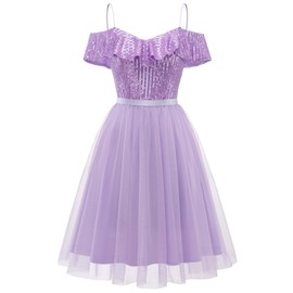 Wedtrend Women's Glitter Homecoming Dresses Off Shoulder Ruffle Cocktail Dress Tulle Skater Sparkly Sequin Dress Fancy Short Bridesmaid Dresses WTS6002DarkLavenderS