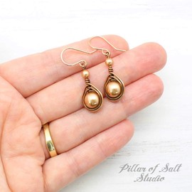 Pillar of Salt Studio Handcrafted Copper Earrings with Simulated Pearl and Rose Gold-filled Ear wires (Antiqued Copper, 1" drop, Rose Gold)