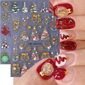 2 Sheets Christmas Nail Stickers for Nail Art Gold Snowflake Ball Nail Art Stickers Embossed Snow Christmas Tree Nail Decals 5D Self-Adhesive New Year Red Bow Xmas Wreath Nail Design Decals for Women