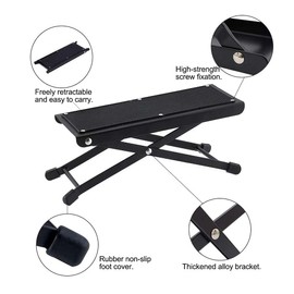 DMZK Guitar Footrest with Non-Slip Rubber Pad Foot Support Guitar, 4-fold Adjustable in Height, Foldable Metal Guitar Footstool, Footbench Guitar Accessories, Black