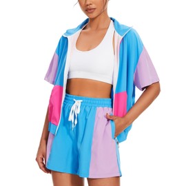 UOUA 90s Outfits for Women 80s Short Sleeve Neon Party Clothes Freaknik Nostalgia Tracksuit Zip Windbreaker and Shorts Set, Blue, XX-Large