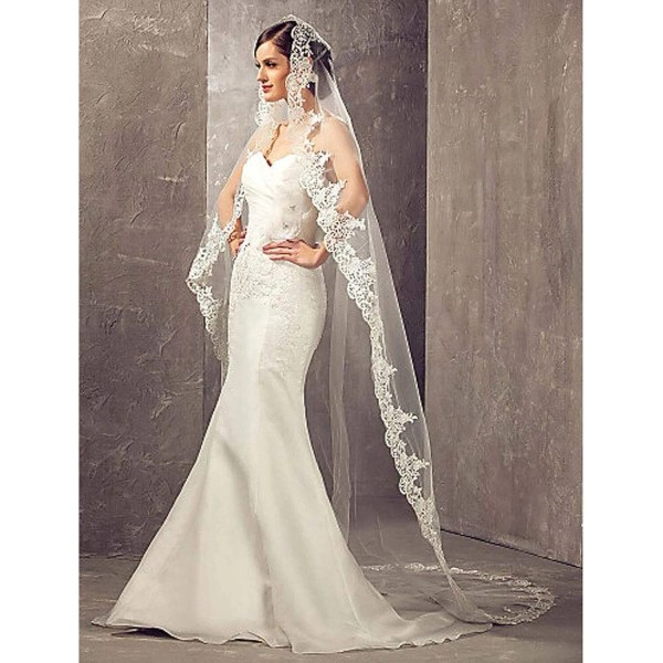 Aukmla Wedding Bridal Veils Long Veil with Lace and Metal